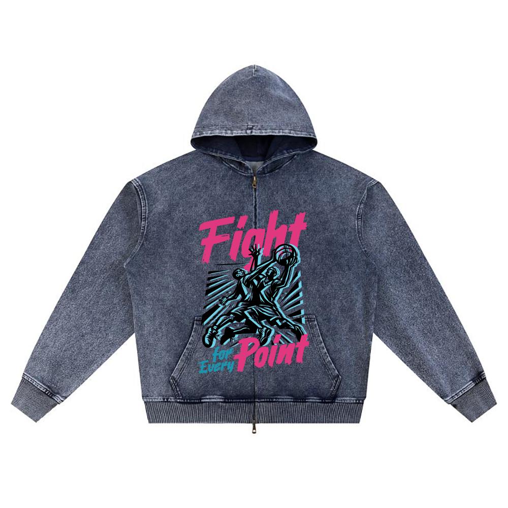 DTG print Knitted Denim Zip-Up Hoodie Fight Ball T Shirt Brother Print Zipper Hoodies