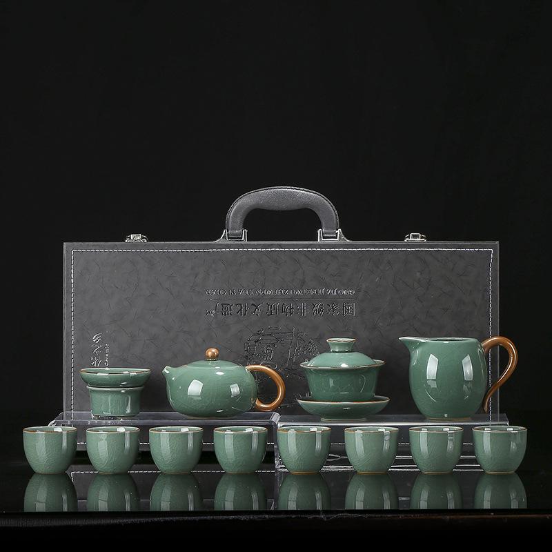 Ru kiln color tea set, a complete set of household ceramic beam teapot cover bowl teacup, light luxury high-end Kung Fu tea