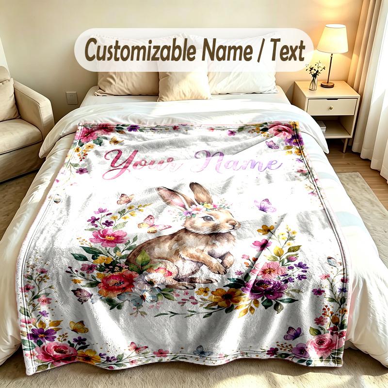 Easter Bunny Theme Soft Blanket Personalized Custom Name Text Print Warm Blanket Home Sofa Bedroom Decor