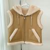 Winter Chic Vintage Leather Lamb Wool Waistcoat Women New Design Thick Hoodied Retro Coat Aesthetic Casual Street Fashion Jacket