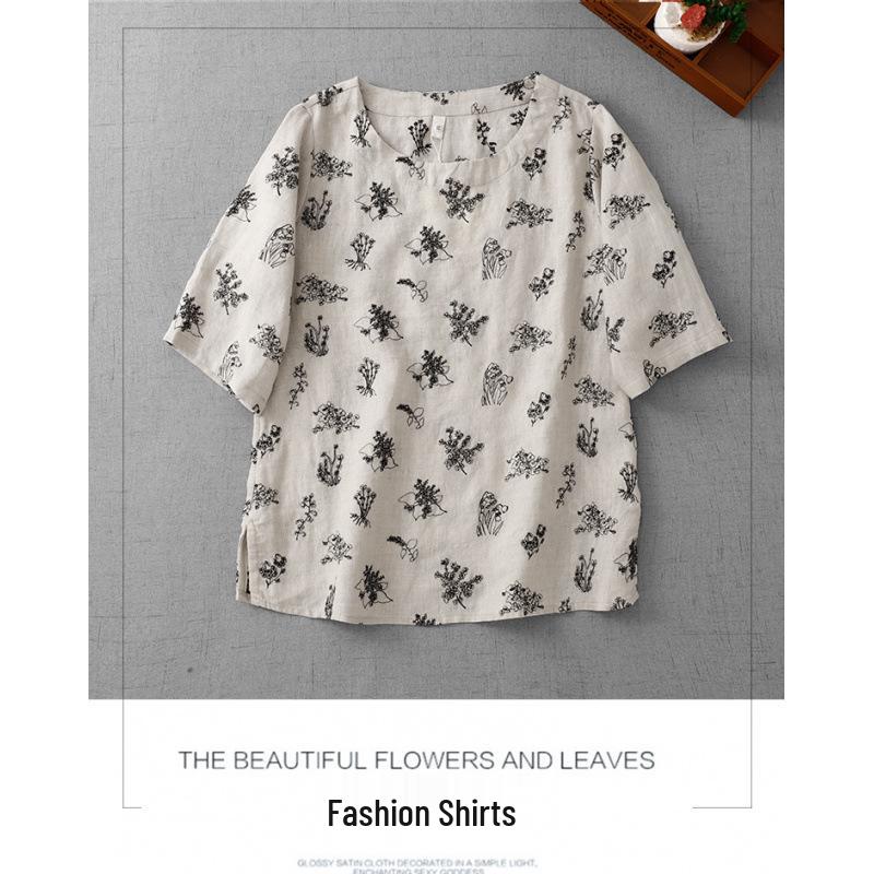 Floral Cotton Linen Mid-Sleeve Round Neck T-Shirt - Artistic Retro Style, Summer 2025 Arrival