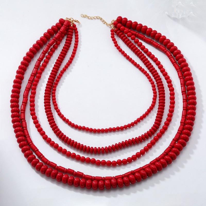 Handmade Red Beaded Layered Necklace Women Boho Chic Statement Jewelry With Geometric Design 81cm Length