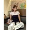 Patchwork Contrast Color Strapped Short-sleeve T-shirt Women New Summer Slim Short Top Pure Desire Style