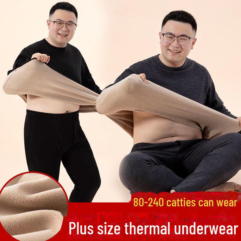 "Unisex Plus Size Thermal Underwear Set - Thick Lambskin, Round Neck for Autumn/Winter"