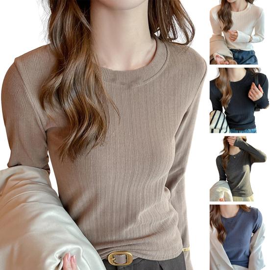 Women Bottom Tops Round Neck Long Sleeve Slim Fit Pullover Tops Solid Color Design Ribbed Texture Tee Shirt