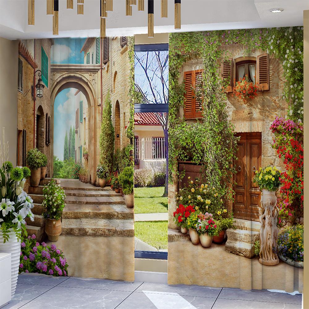 2PC Home Nostalgic Architecture Curtains With Landscape Background And Pole Pocket Curtains, Kitchen, Coffee Shop, Living Room,