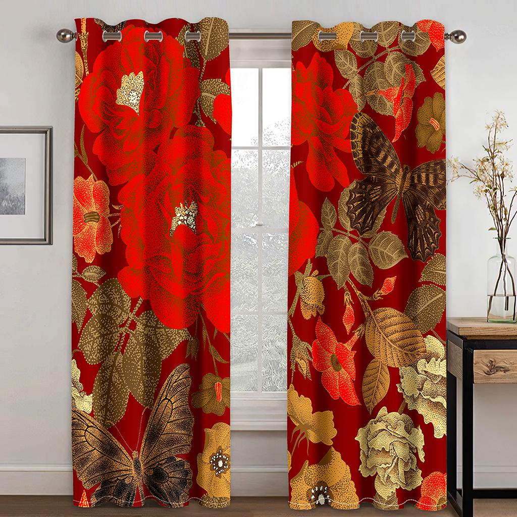 Luxury Red Rose Flower Sunshade Vintage Window Curtains For Living Room Bedroom Bathroom Kicthen Door Home Decor On Sale 2Pieces