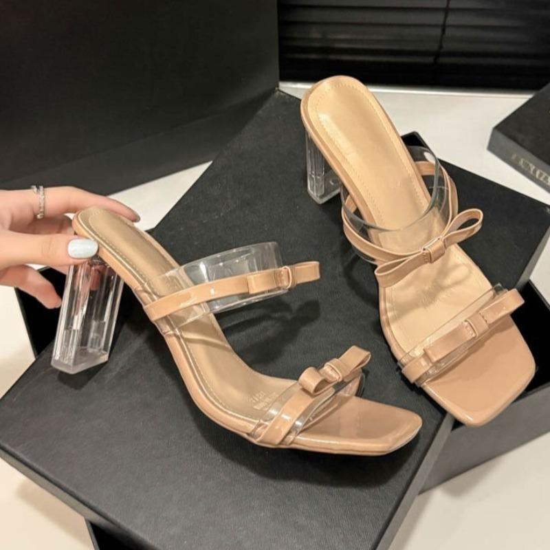 Fashion Fashion Transparent Block Heel Slippers Summer New Square Toe Open Toe Bow Non-slip Wear-resistant High Heel Flip-flops