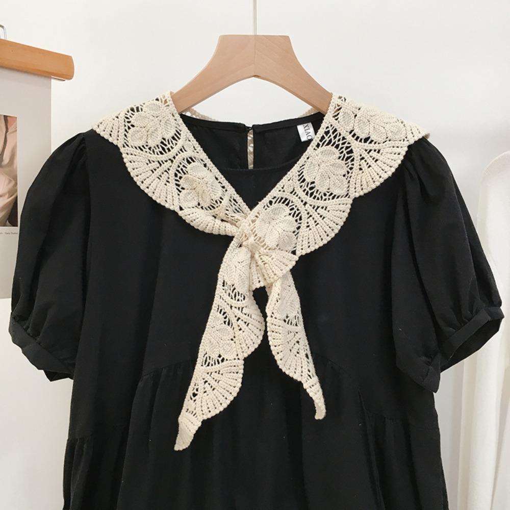 Sweet Solid Color Crochet Detachable Collar Korean Style with Knot Design Leaf Pattern Shawl Hollowed-out Thin Shawl Summer