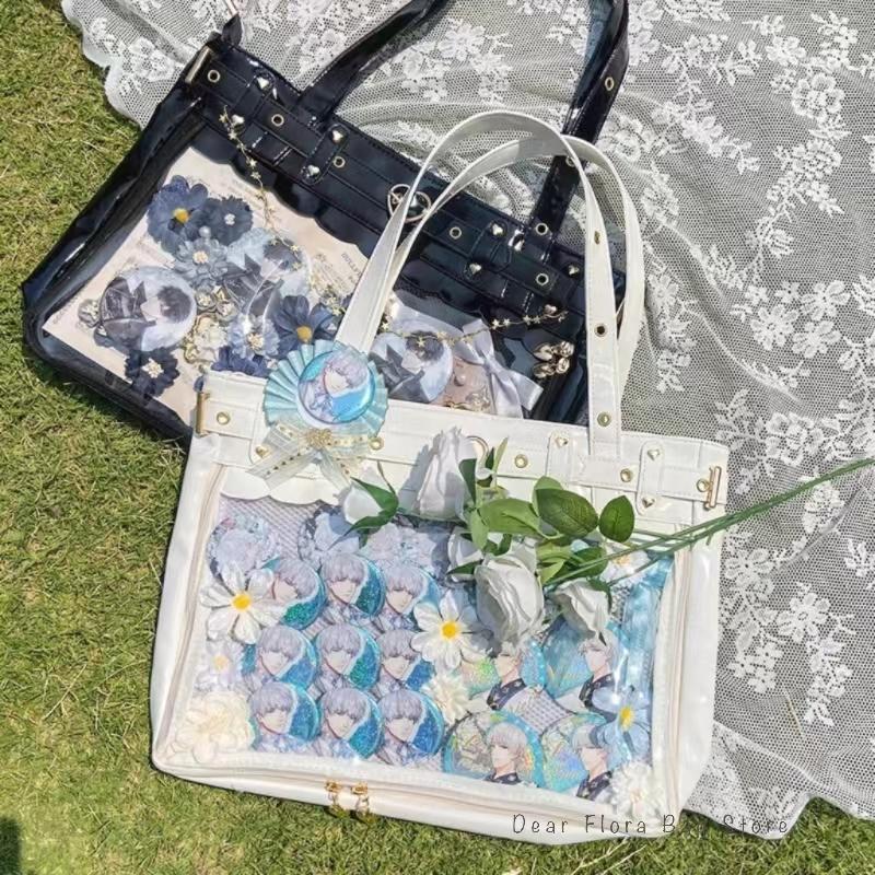 Women's Lolita Fashion Ita Bag Japanese Style Kawaii Shoulder Messenger Crossbody Bags Transparent Front Pocket DIY Tote Handbag