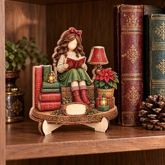 Retro Christmas Centerpieces Book Lover Gifts for Women, Just A Girl Who Loves Wooden Plaque, Winter Home Decor 2D Flat Reading Block Sign with Stand