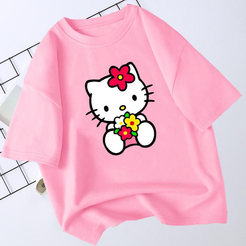 

Sanrios 2026 Summer New Design HelloKitty Graffiti Cartoon Print Pure Cotton Breathable Childrens ShortSleeved TShirt S