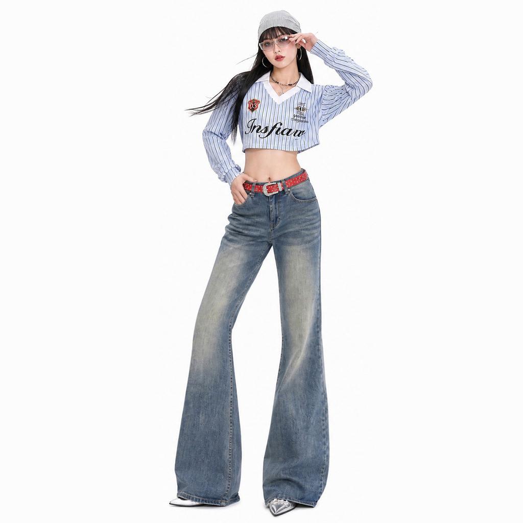 American retro washed cat beard cover bag slightly pulled jeans women's non-stick legs Spice girl thin flared pants