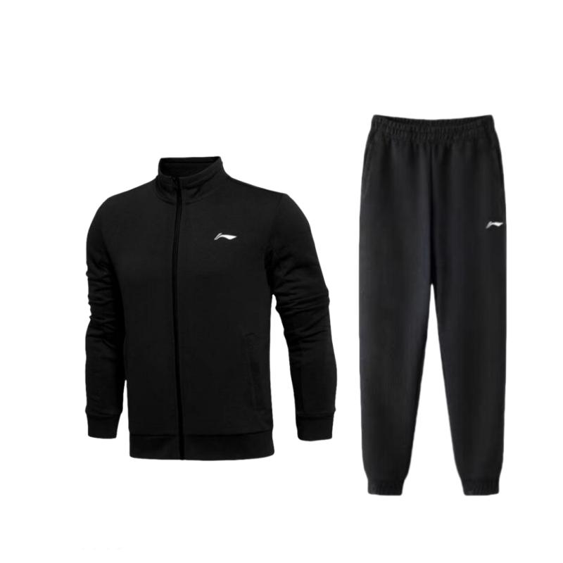 Li Ning Stand Collar Warm Durable Jacket Breathable Cuffed Knitted Pants Casual Sports Suit Men Suit Black AWDTD93-2+AKLT805-1
