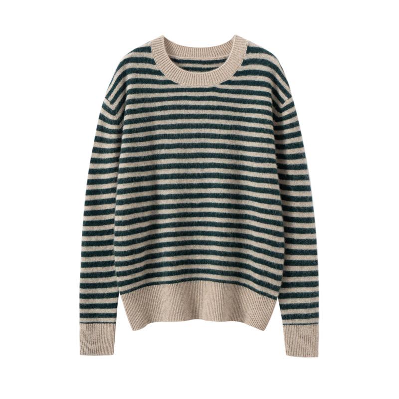 Women's Striped Cashmere Sweater - 2025 Autumn/Winter, Half-High Neck, Sweet Style, Loose Slimming Pullover