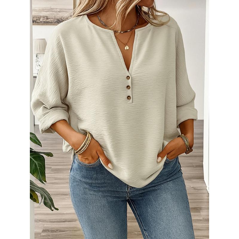 New Women's Casual Long-sleeved V-neck Door Barrel Regular Clean Multi-color Top T-shirt