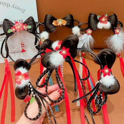 Jolie perruque bandeau fleur pour enfants tresse cheveux pompon couvre-chef Nouvel An Chinois style ancien peluche rouge nœud bandeau cheveux enfants