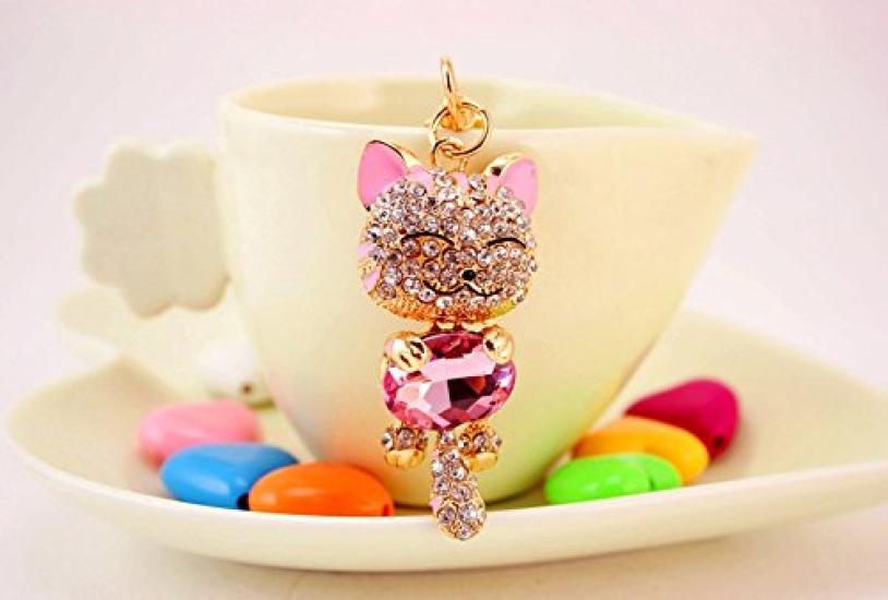 [BERUKO] Soothing, Smiling, Cute Cat, Happy Kitty, Sparkling Stone Keychain (Pink)