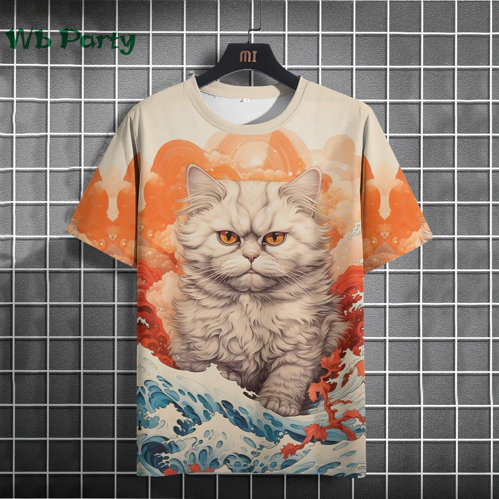Vintage Cat Pattern Print Short Sleeve T-shirts Man Cat Print Custom T Shirt Vintage Shirts Graphic Tee Men's Summer Clothes Tee