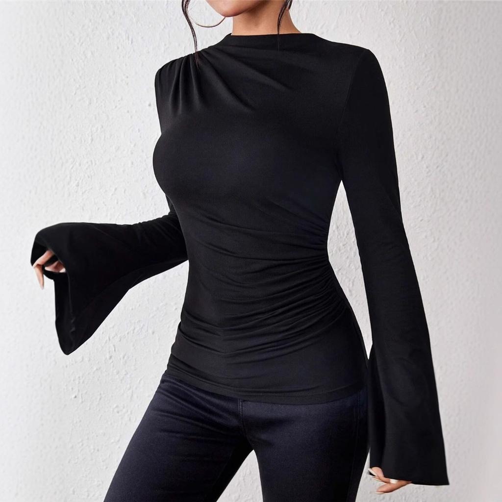 Autumn and Winter New Versatile Pleated Design Flared Sleeve Stand-up Collar Slim T-shirt