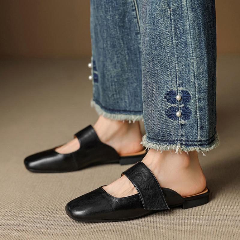 

Summer leather bag head slippers casual one-pedal flat-bottomed slippers solid color beef tendon soft bottom large size comfortable cool slippers 40 чёрный