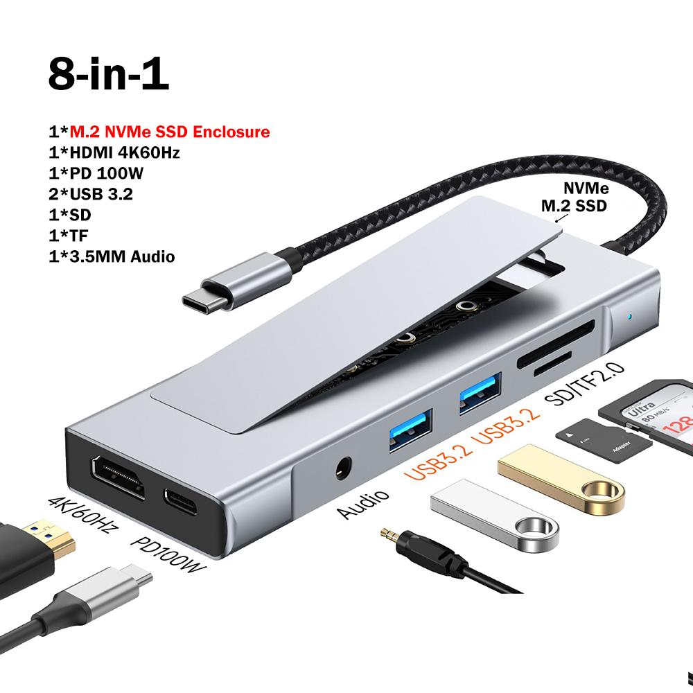 8-in-1 M.2 SSD HUB USB C Docking Station with Disk Storage Function SSD Enclosure HDMI 4K60Hz USB 3.2 10Gbps Hub For PC Laptop