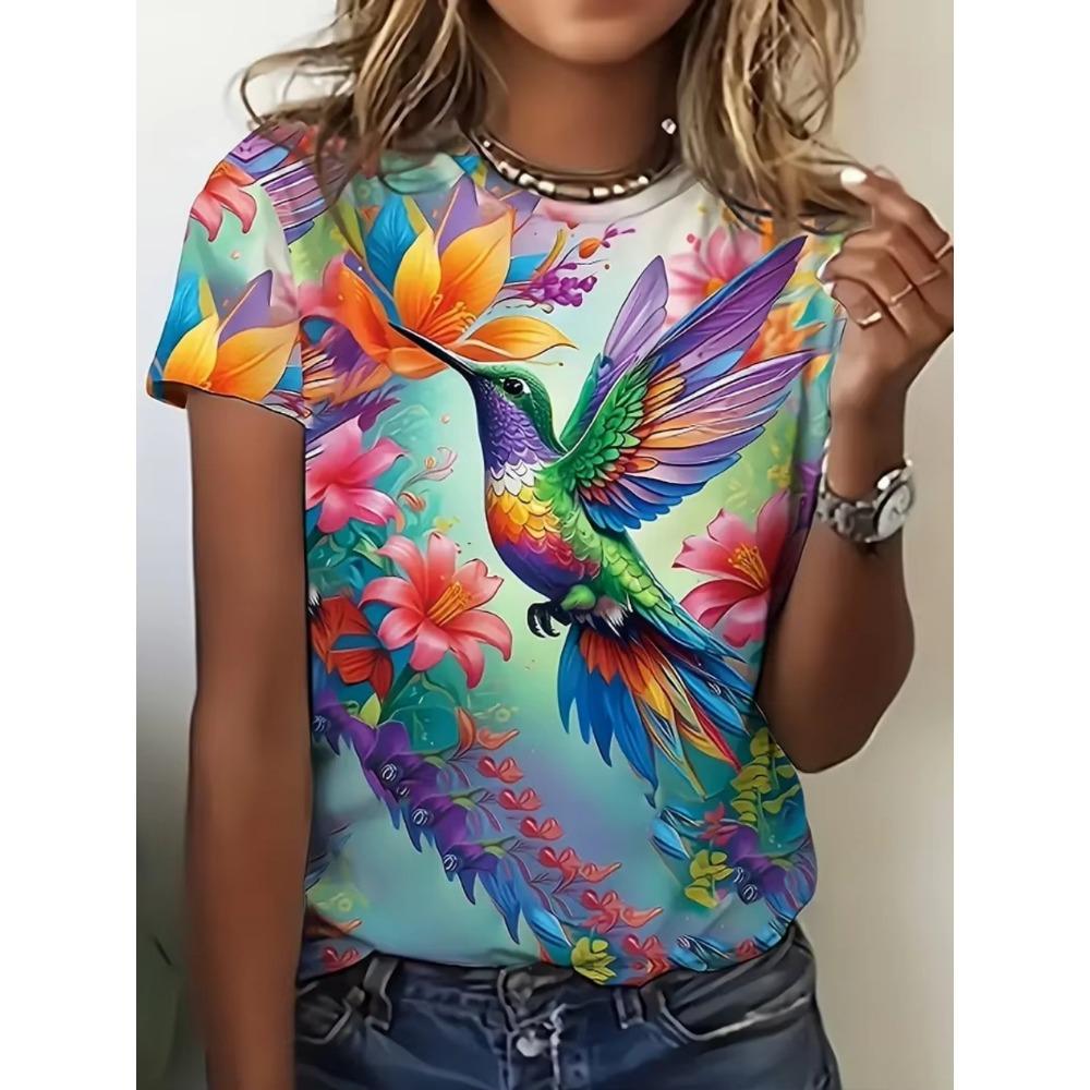 Hot Selling Recommendation! Colorful Hummingbird Flower T-shirt, Loose and Slimming, Breathable Short Sleeved, Women's 3D