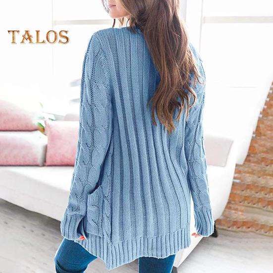 Dámský svetr bunda s dlouhým rukávem, zapínání na knoflíky, zimní kabát s kapsou, jednobarevný svetr s volným střihem