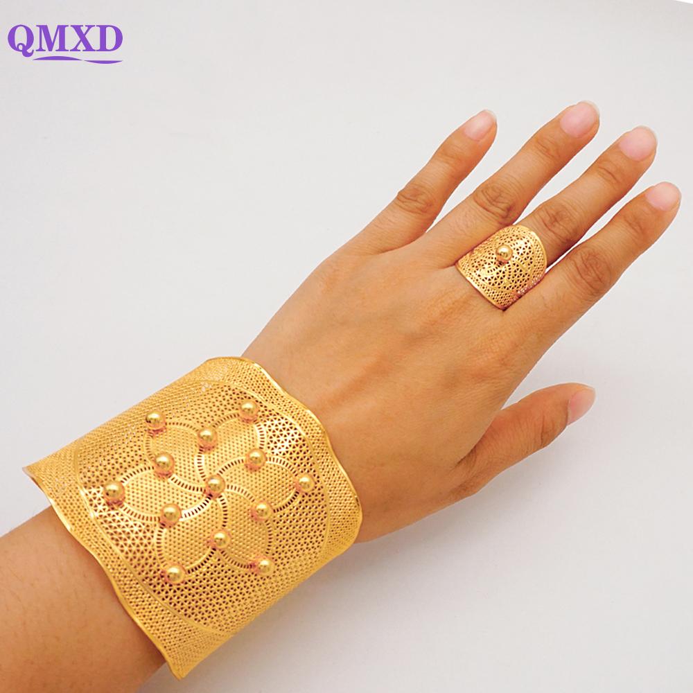 Dubai Gold Color Bangle With Ring For Women Charm Chain Cuff Bracelet Indian Bracelet Arabic France Bridal Wedding Jewelry Gifts