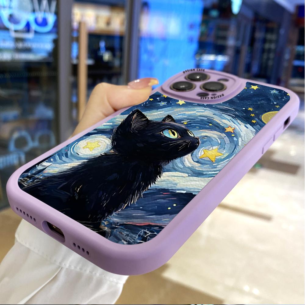 The Starry Night Black Cat PU Leather Phone Case for iPhone 15 14 13 12 Pro Max Samsung Galaxy S23 Ultra S20 FE A52 Redmi Xiaomi POCO Soft Cover