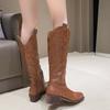 2025 new leather embroidery v-mouth thin boots women's brown tall boots knight boots square head western cowboy boots