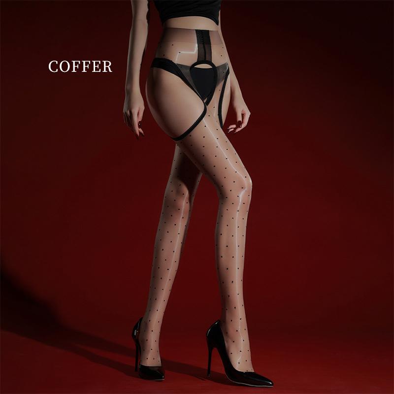 Ultrathin Dot Printing Pantyhose Sexy Four Side Hollow Out See Through Sheer Tights Oil Shiny Glossy Stocking Nightwear Lingerie