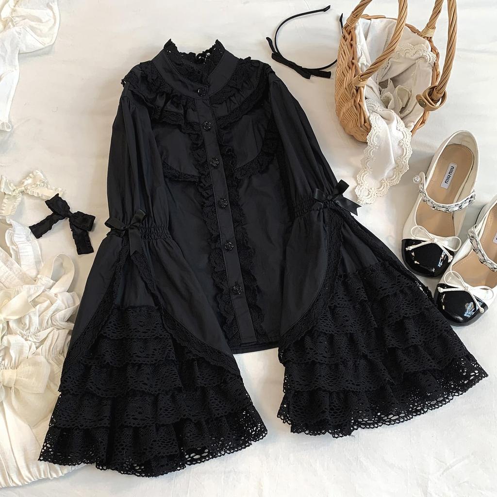 Lolita Blouse with Princess Long Gothic Lolita French Classical Winter [XHSUKADO] Sleeves, 5-Tier Ruffles, Cute, Women's Sleeves, Stand-Up Collar,