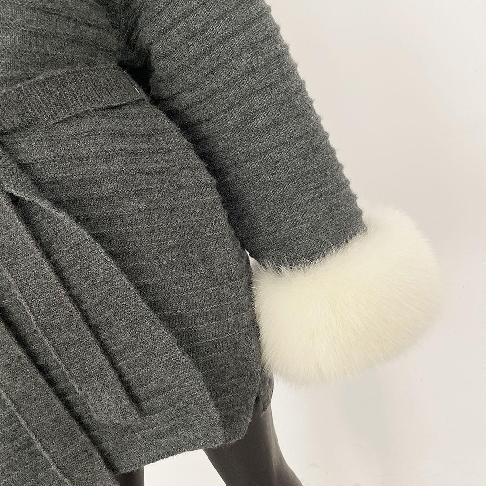 OFTBUY Podzimní Dámský Měkký Dlouhý Pravý Velký Liščí Kožich Teplý Pletený Kabát Pásek Klopa Límec Svrchní Oblečení Ležérní Svetr Bunda Volná Dámská Elegantní Dlouhá