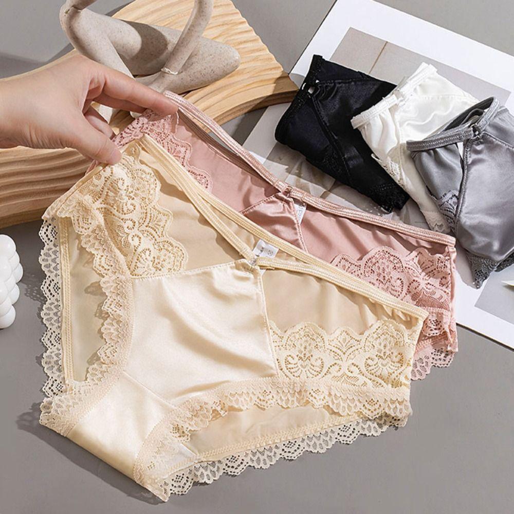 Hollow Ice Silk Thin Belt Panties Flower Satin Silk Lace Thong Women's Lace Mesh Briefs  Girls