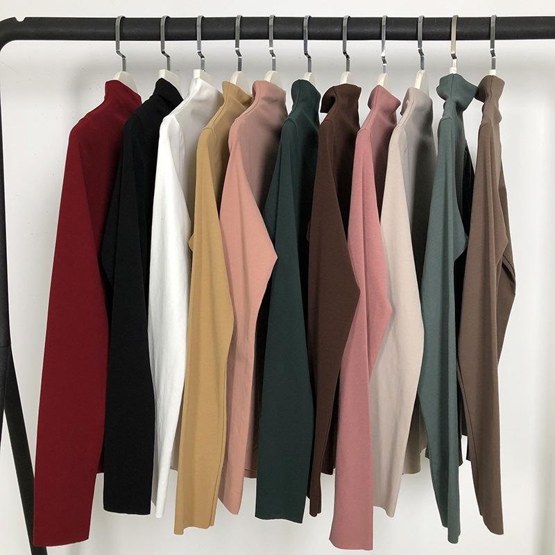 2023 Korean Style Women's Slim Fit Half-High Collar Long-Sleeve Solid Color T-Shirt for Early Autumn