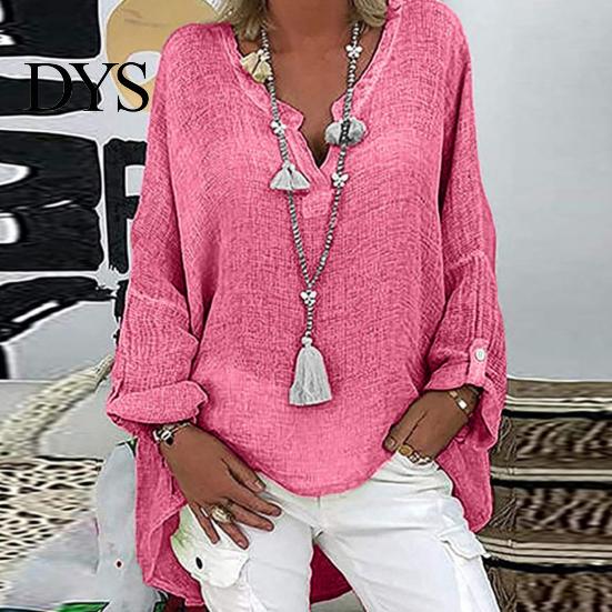 Breathable Cotton Linen Top Women Shirt V-Neck Long Sleeve Mid-length Casual Tops Solid Color Loose Fit Tee Daily Wear Fitting Blouse
