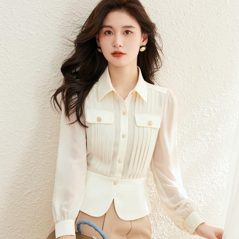 Women Shirt Thin Turn-down Collar Button Sweet Solid Pockets Spring Summer Dignified Temperament Chiffon Women's Formal