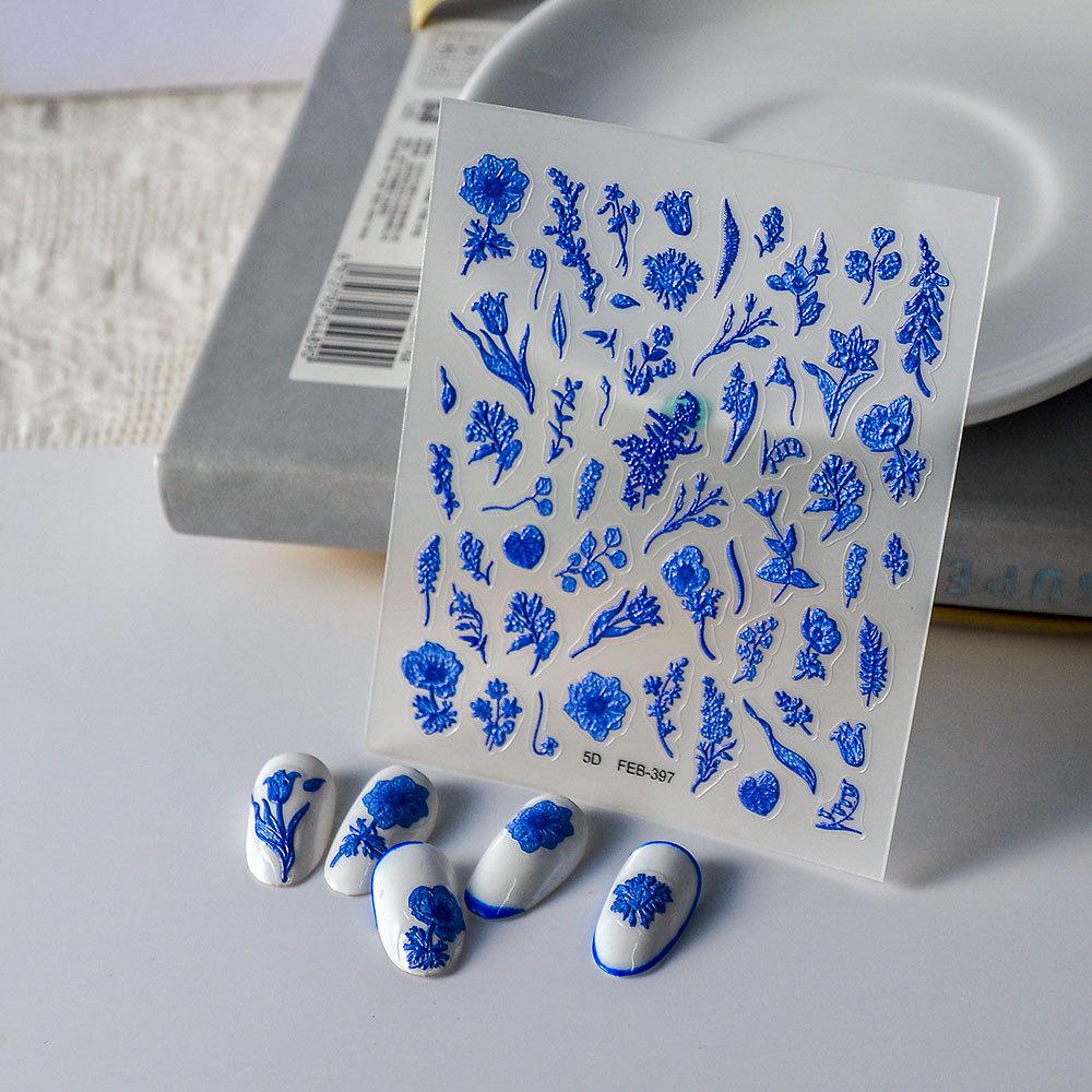 3D Embossed Valentine's Day Nail Stickers - Blue Wheat Ear Flower Design