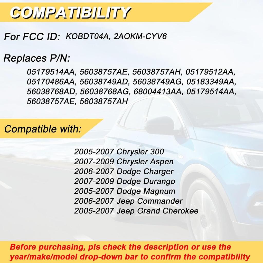 Key Fob for 05-07 Chrysler 300 / 07-09 Aspen& Durango/ 06-07 Dodge Charger Commander/ 05-07 Magnum Car Keyless Entry Remote Control, KOBDT04A, 2Pcs