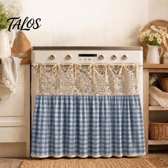Dustproof Oven Handle Protector Farmhouse Stove Skirt, Plaid Crochet Lace Curtain, Rustic Kitchen Cabinet Decoration Skirt Curtain with Ties