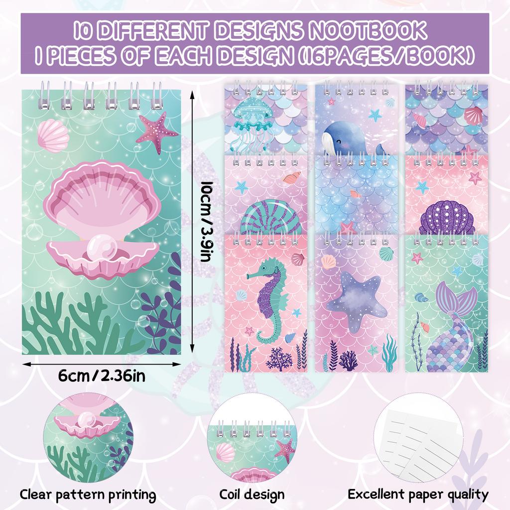 10 Sets Of Mermaid Mini Spiral Notebooks Mermaid Pen Set, Suitable For Pet Birthdays, Classrooms, School Reward Gifts, Prizes, Gift Bag Fillers