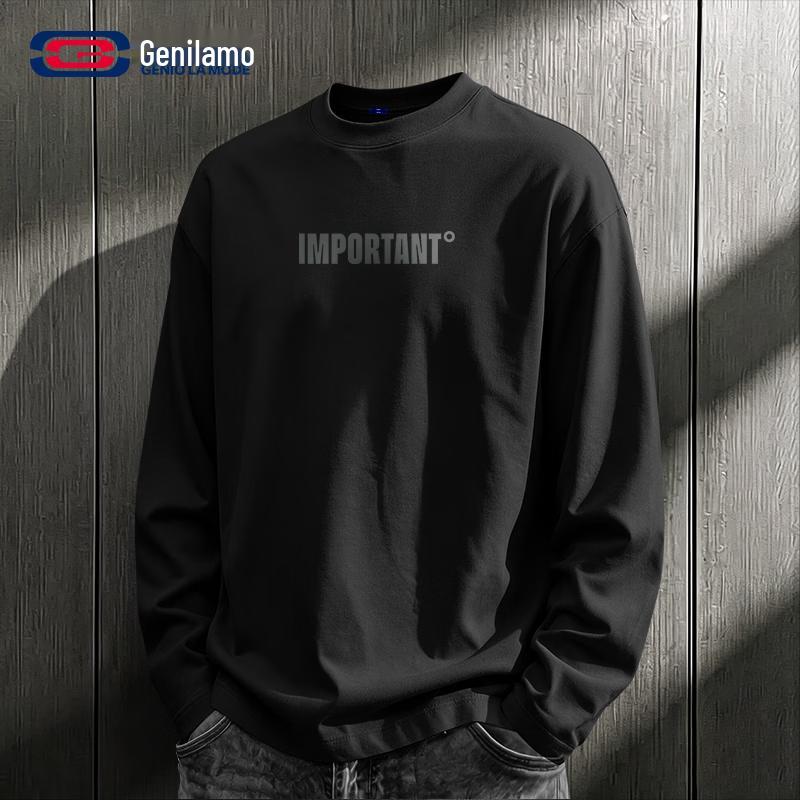 GENIOLAMODE Men's 220g Heavyweight Cotton Long-Sleeve Crewneck Tee