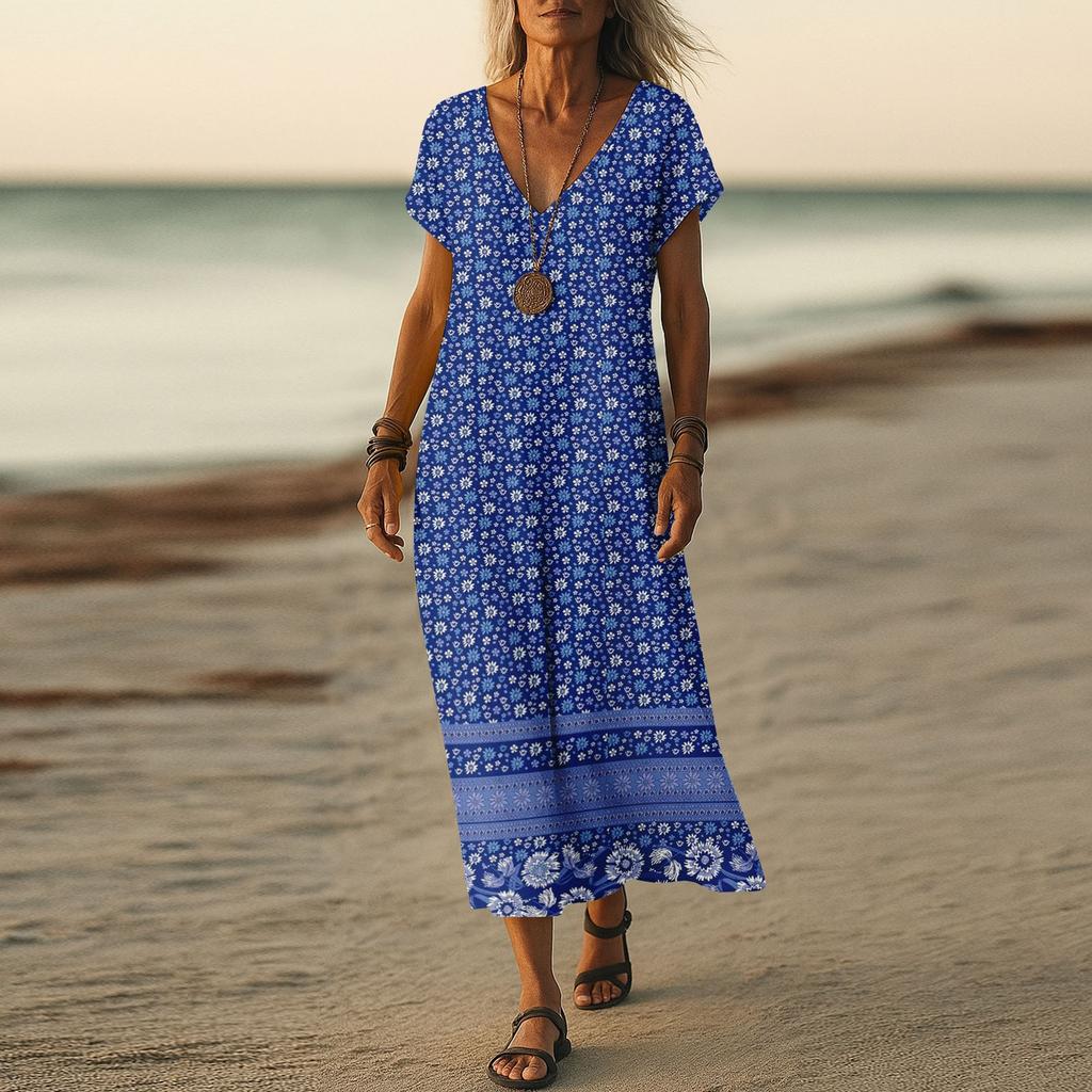 Summer Dress Women's Long Boho Beach Dress Elegant Maxi Dress V-Neck Short Sleeve Summer Tunic Dress Light Airy