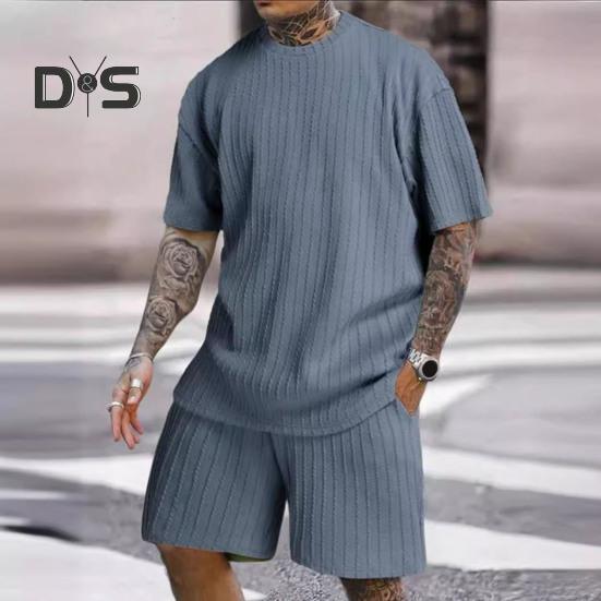 2Pcs/Set Men Sports Suit O-Neck Short Sleeve T-shirt Elastic Waist Wide Leg Shorts with Pockets Set Jacquard Texture Running Wear