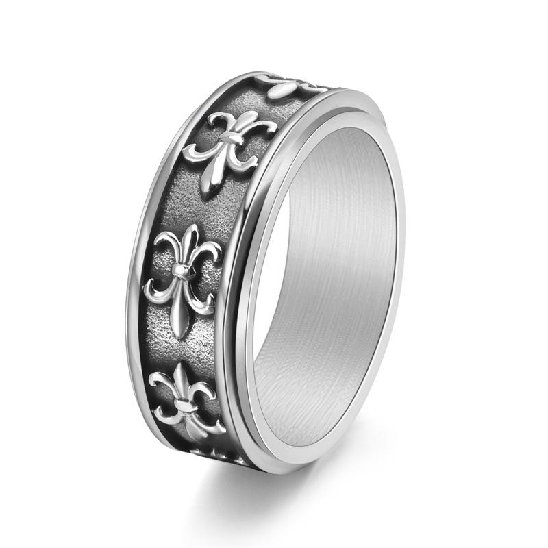 Men Retro Antique Clover Cross Titanium Steel Ring Rotatable Gold Plated Open Band European Personalized Trendy Adjustable Jewelry Holiday Gift