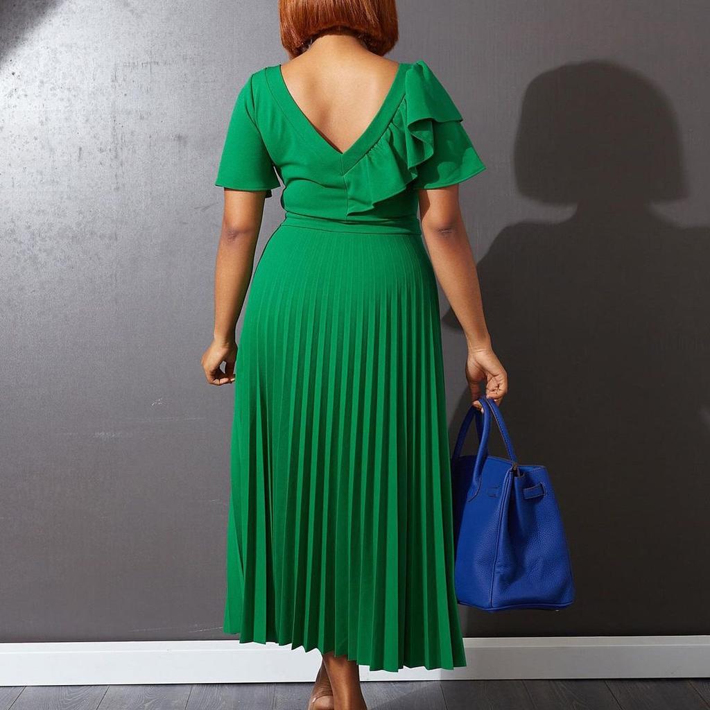 Elegant Office Lady's Dresses Ruffles Sleeve Pleated Ankle Length Luxury Female Party Evening Dress