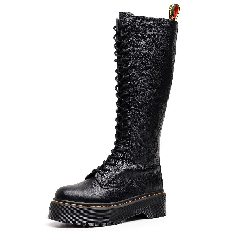 Muffin Bottom Lychee Pattern Long Boots Women's Hole First Layer Short Boots Thick Sole Leather Round Head Trend