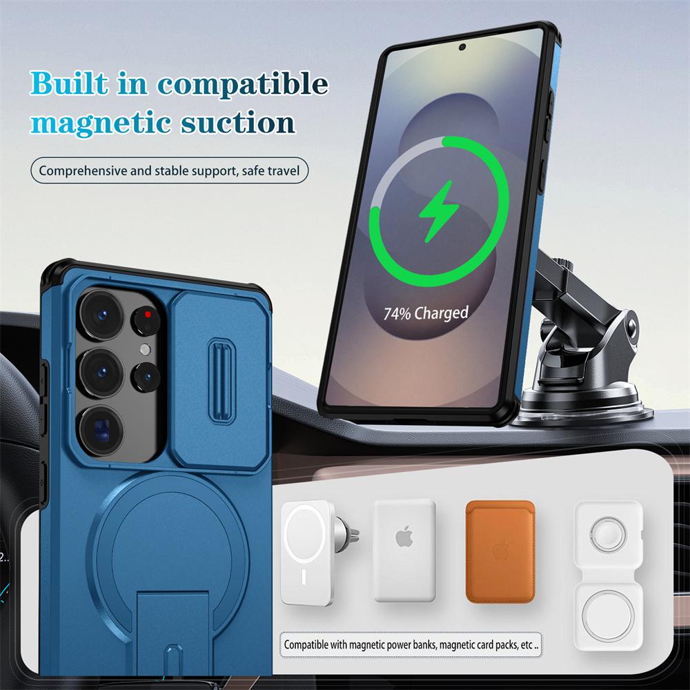 Slide Lens Invisible Folding Magnetic Stand Phone Case For Samsung S25 Ultra S24 Plus FE A56 A36 A26 A16 Camera Protection Cover