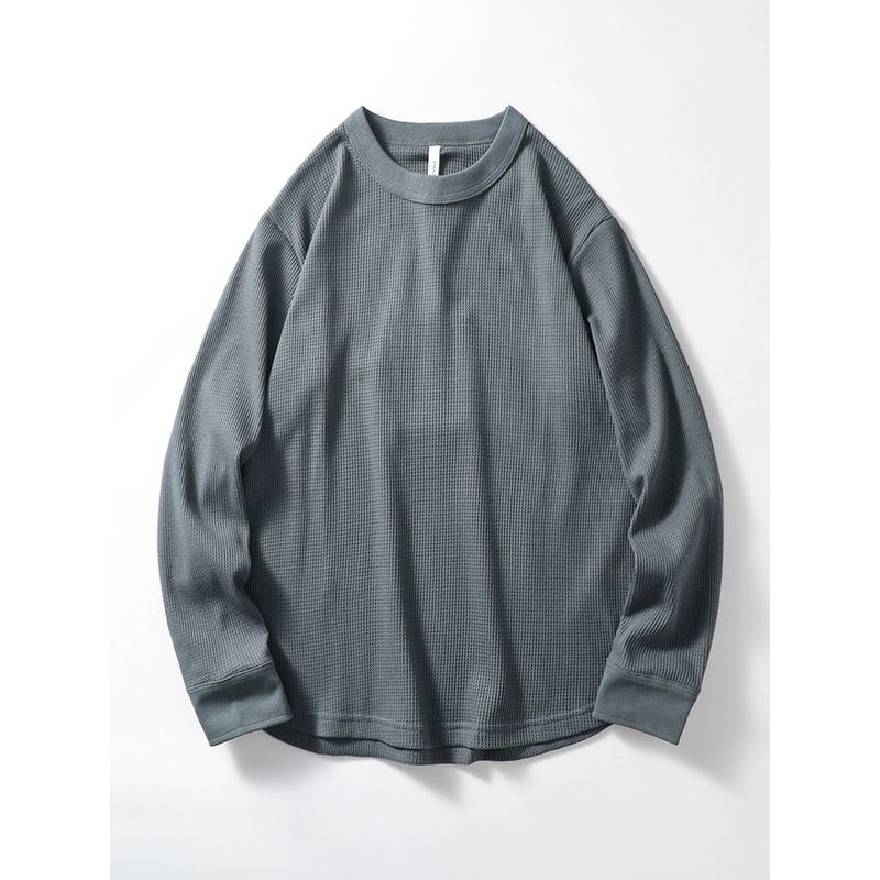 American-Style Retro Three-Pin Waffle Long-Sleeved T-shirt Men's Spring and Autumn Heavy round Neck Bottoming Shirt Export Menswear T-shirt